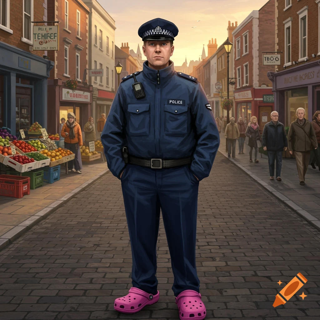 A stylized illustration of a police officer in a dark blue uniform and bright pink Crocs standing on a cobblestone street with shops and pedestrians.