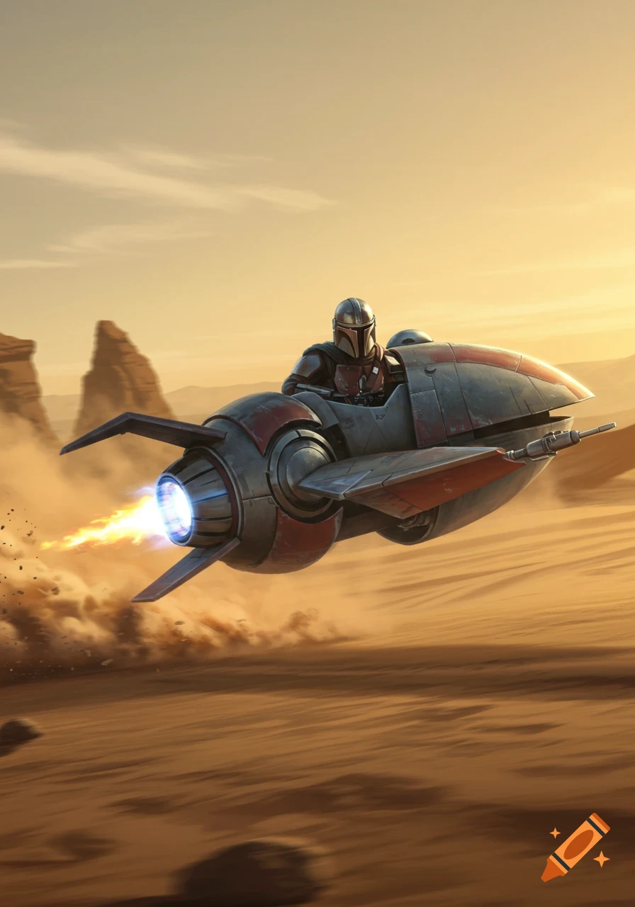 A Mandalorian-armored character pilots a sleek, rocket-powered pod racer over a dusty desert landscape with rock formations.