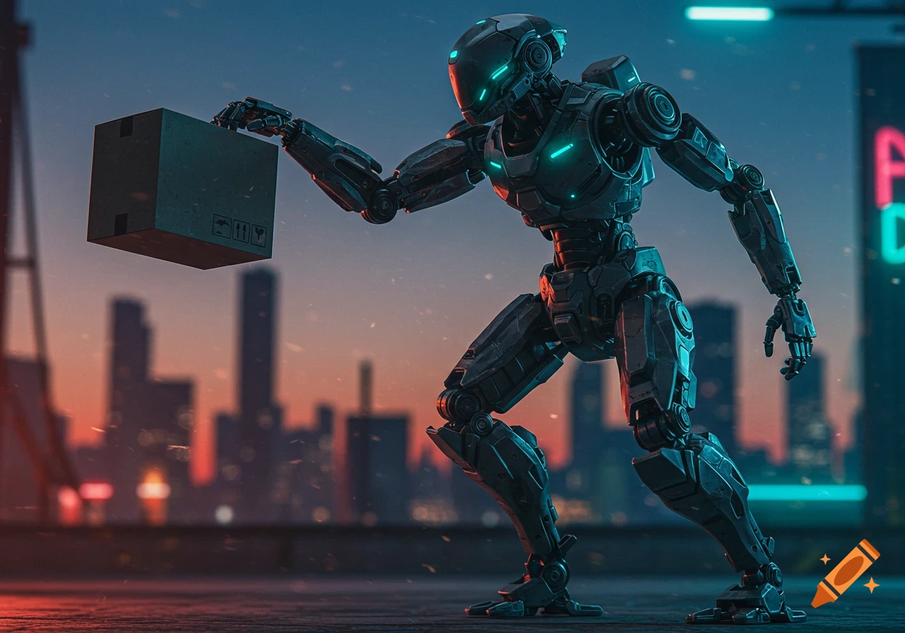 A futuristic dark gray robot with glowing blue lights holds a package against a blurred cityscape at sunset.