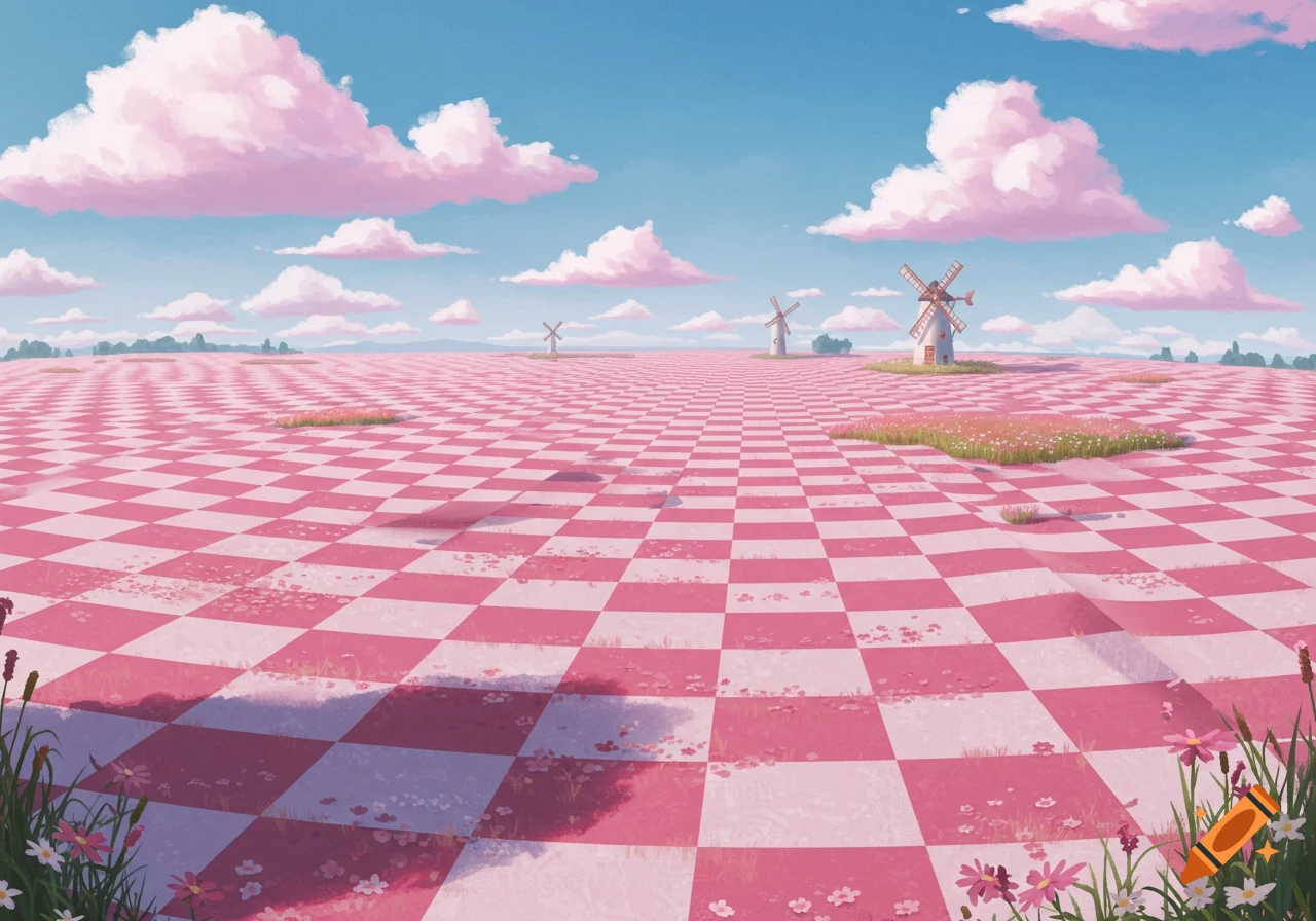 A whimsical landscape features a vast pink and white checkered field under a blue sky with fluffy pink clouds, dotted with distant windmills and wildflowers.