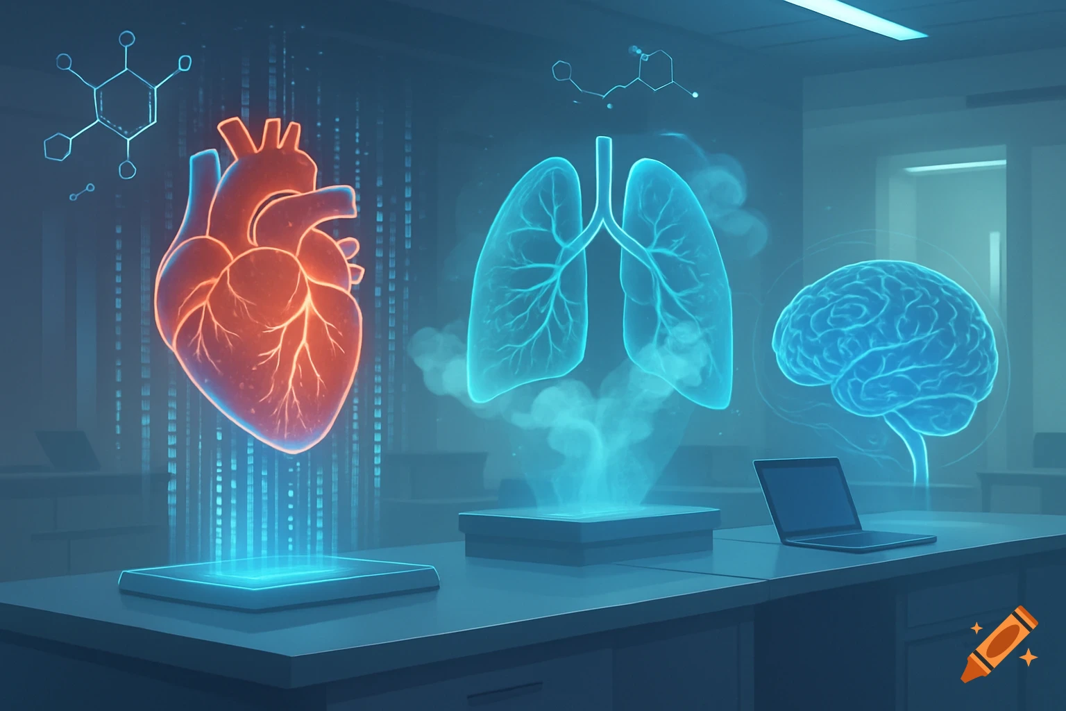 Holographic projections of a glowing red heart, blue lungs, and brain on a futuristic lab desk with chemical structures.
