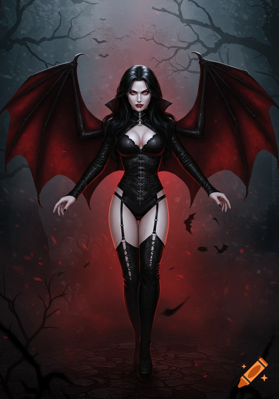 A stunning gothic vampire woman with large red bat wings and dark clothing stands in a shadowy, eerie forest.