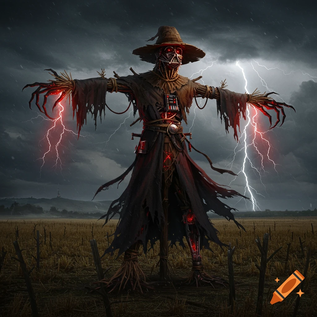 A menacing Darth Vader-scarecrow hybrid with glowing red eyes and hands stands in a stormy field as lightning strikes.