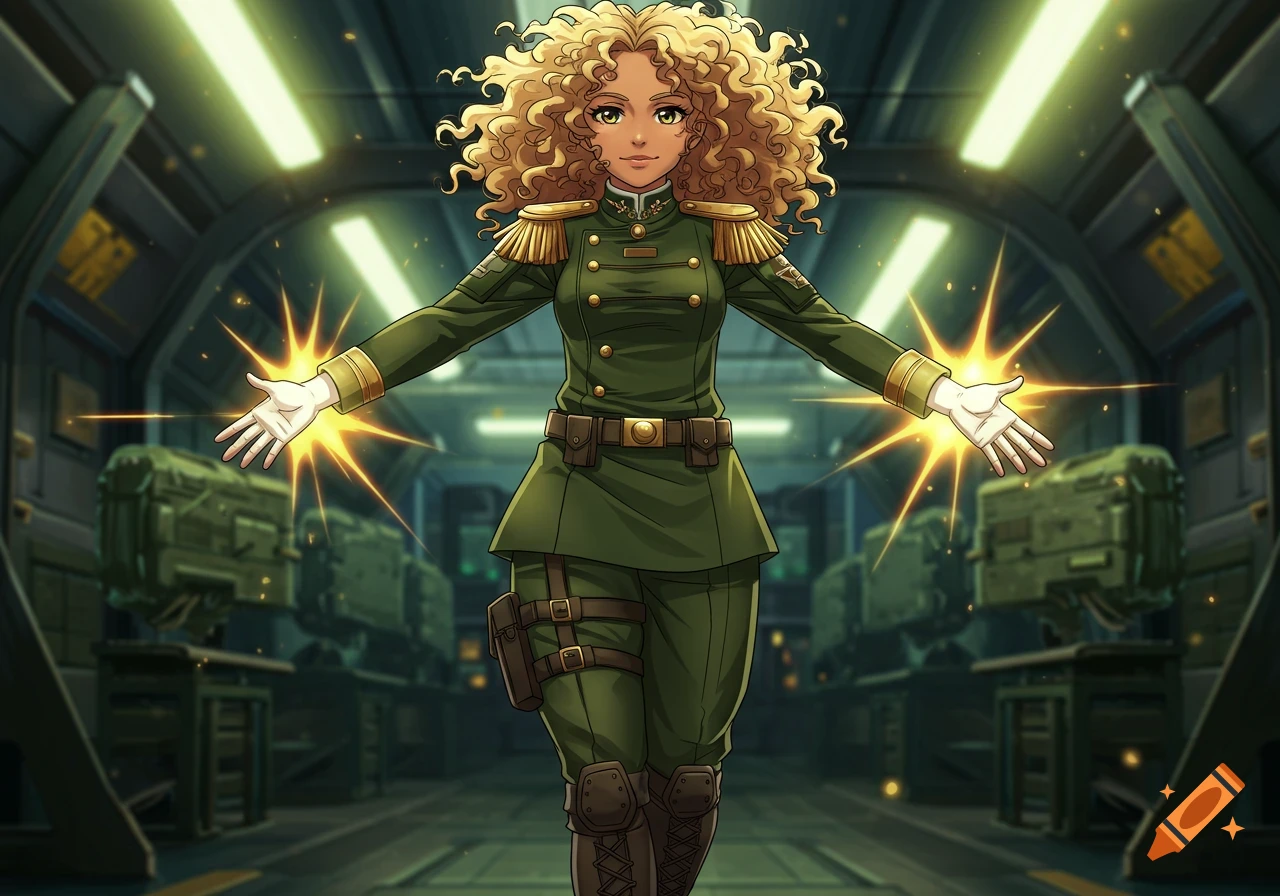 An anime-style woman with curly blonde hair and warm brown eyes, wearing a green army uniform with gold epaulets, stands with hands open in a futuristic cargo bay.