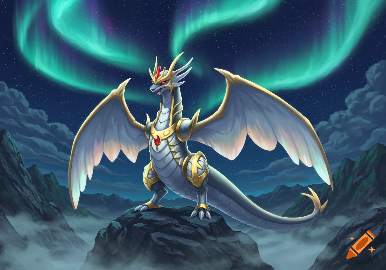 A majestic white and gold dragon with large wings stands on a rocky mountain under a starry night sky with a vibrant green aurora borealis.