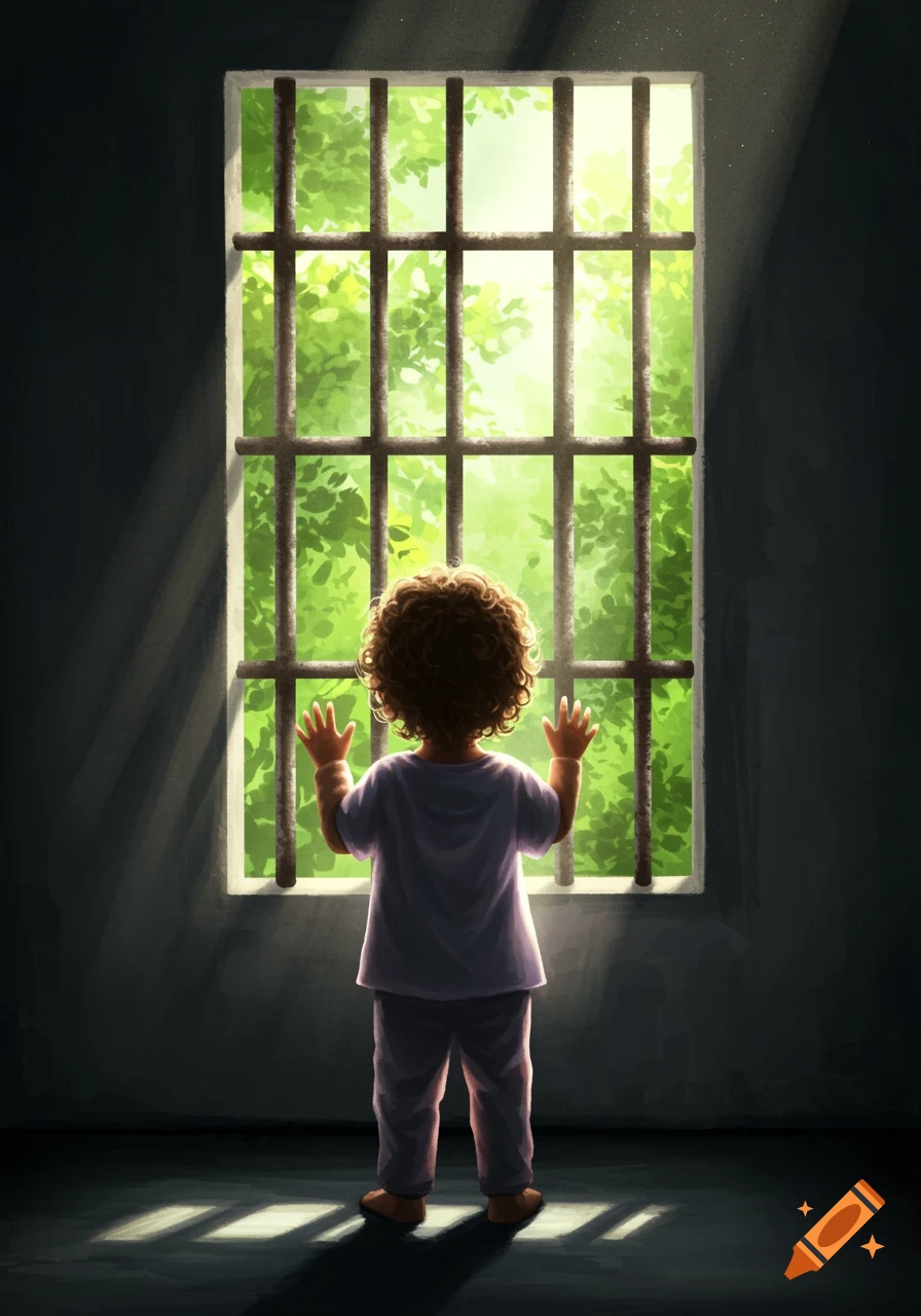 A child with curly hair stands with their back to the viewer, looking out a barred window at bright green trees in a digital painting style.