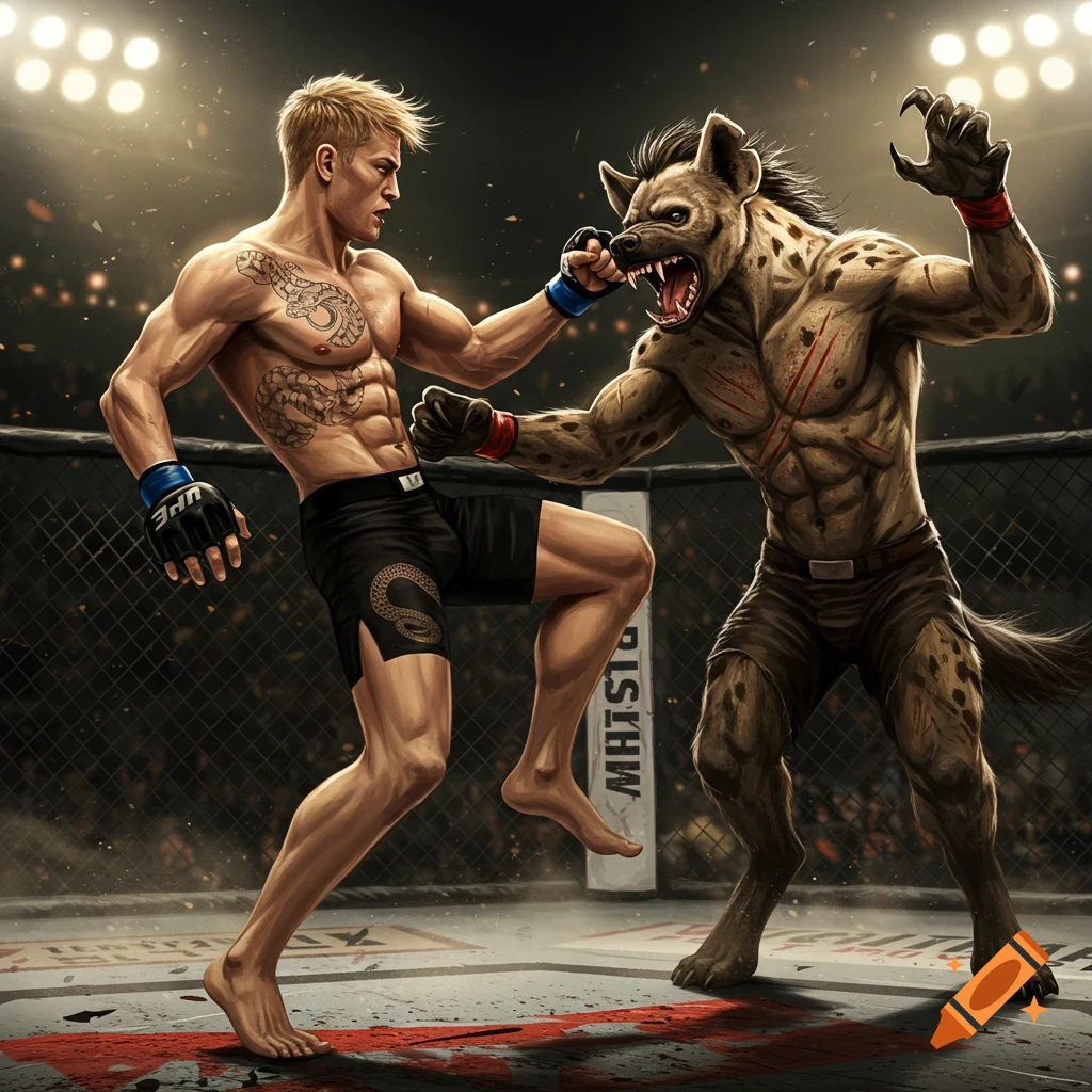 Muscular blonde man with snake tattoos fights a towering, clawed hyena-man in a cage match. Stylized fantasy art.