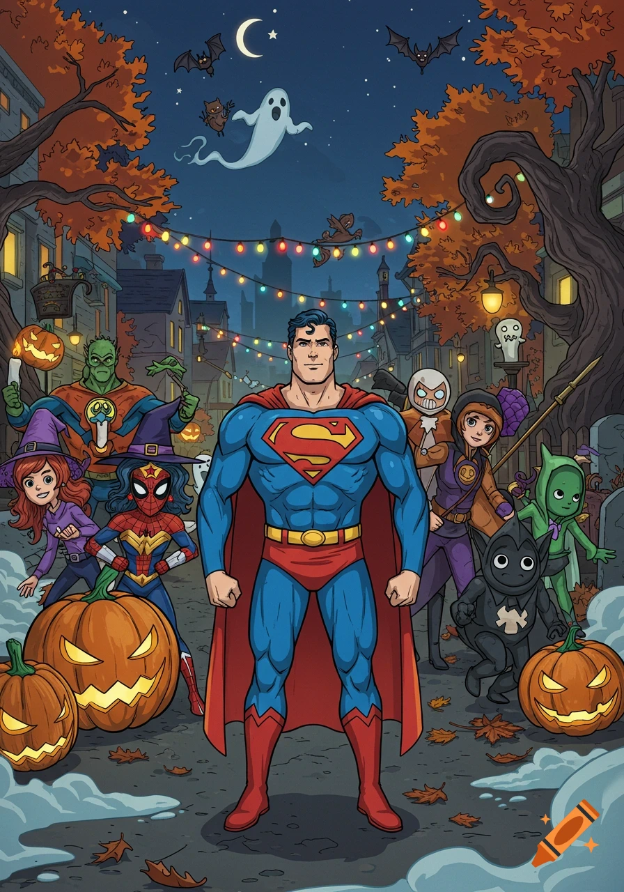 2D cartoon of Superman and other superheroes in a Halloween-decorated street with jack-o'-lanterns, string lights, and a ghost.