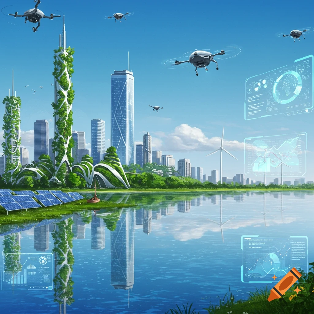 A futuristic city skyline with green buildings, solar panels, wind turbines, and drones flying over a reflective lake, displaying holographic data screens.