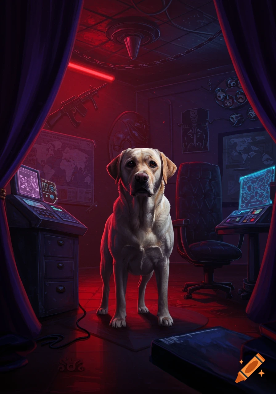 A yellow Labrador dog stands intently in a dark, red-lit digital art villain's lair, surrounded by glowing monitors and a rifle.