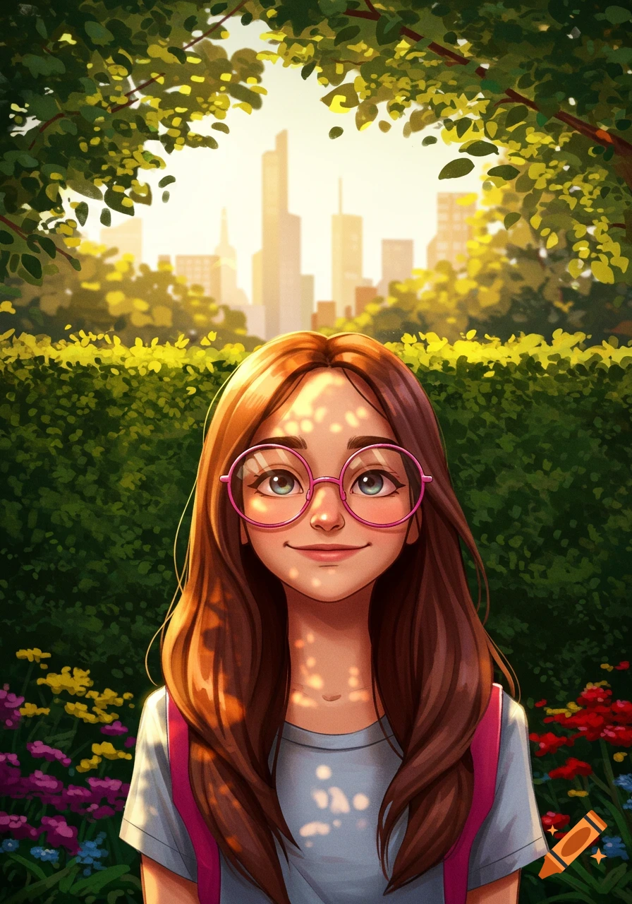 A smiling cartoon girl with brown hair and pink glasses in a sunny park with flowers and a city skyline in the background.