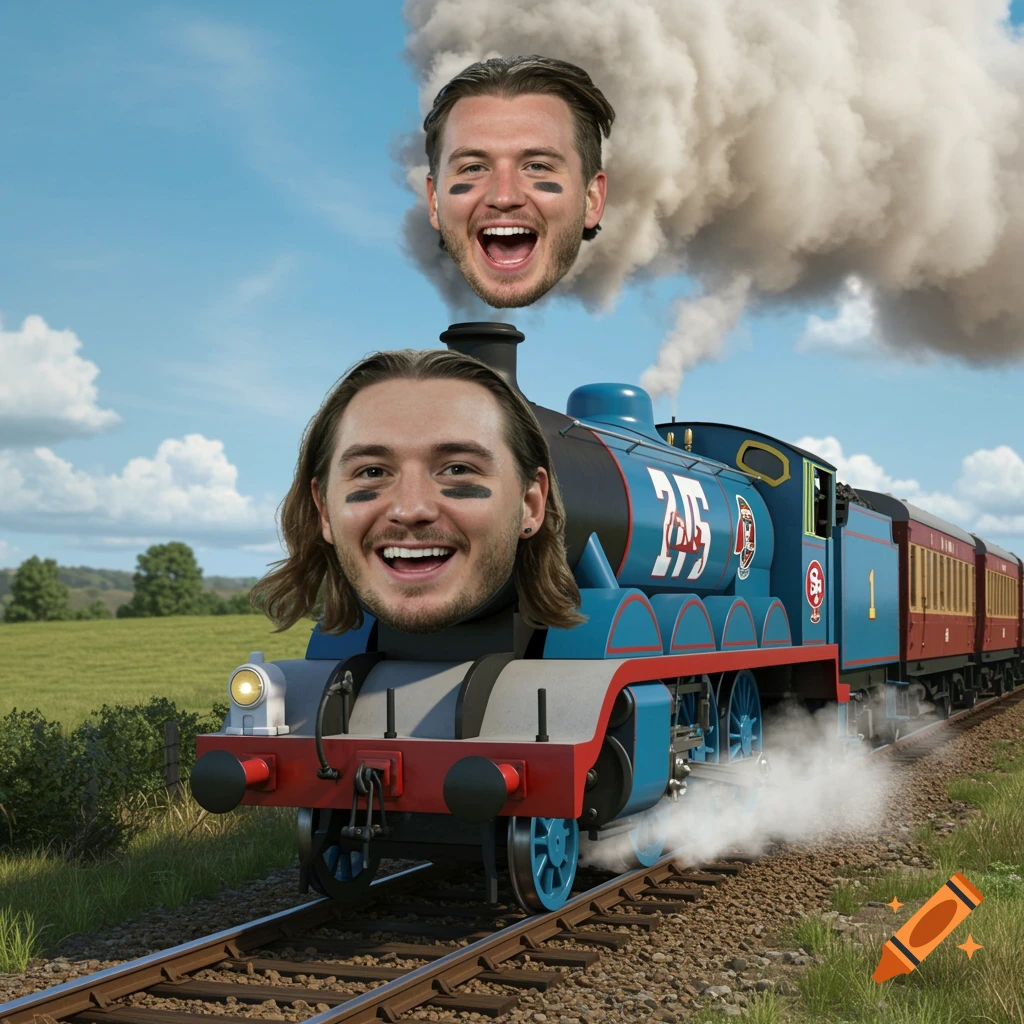 A blue train, styled like Thomas the Tank Engine, has George Kittle's smiling face with long hair on its front. Another of Kittle's heads floats in the train's smoke.