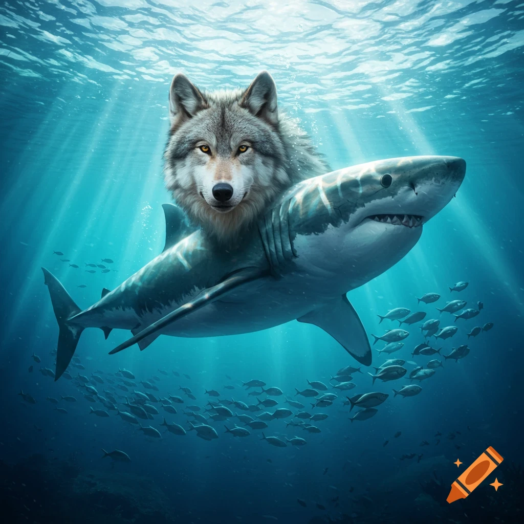 Photorealistic wolf head on a shark body swimming underwater amidst schools of fish with sunrays filtering through the surface.