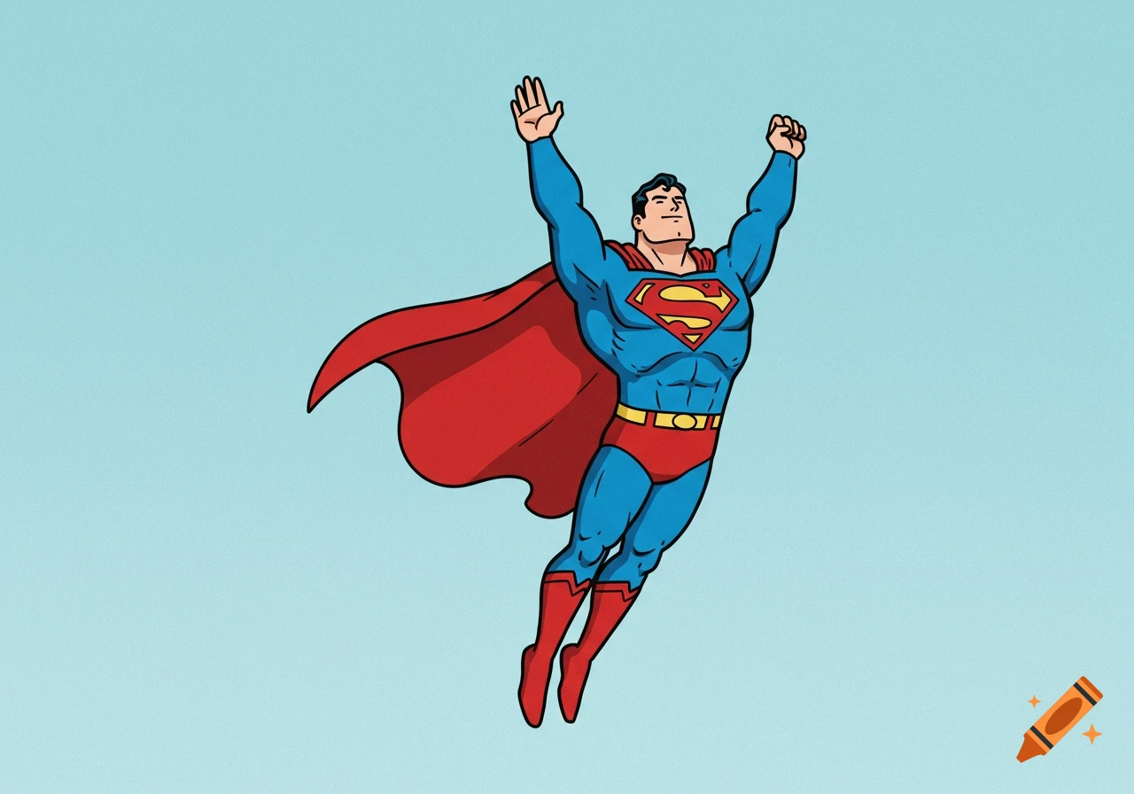 A 2D cartoon illustration of Superman flying with his arms raised, wearing his classic blue and red suit with the 'S' symbol, against a light blue background.