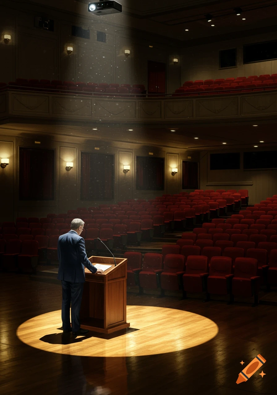 A man in a suit stands at a wooden podium under a spotlight on a stage in an almost empty auditorium with red seats.