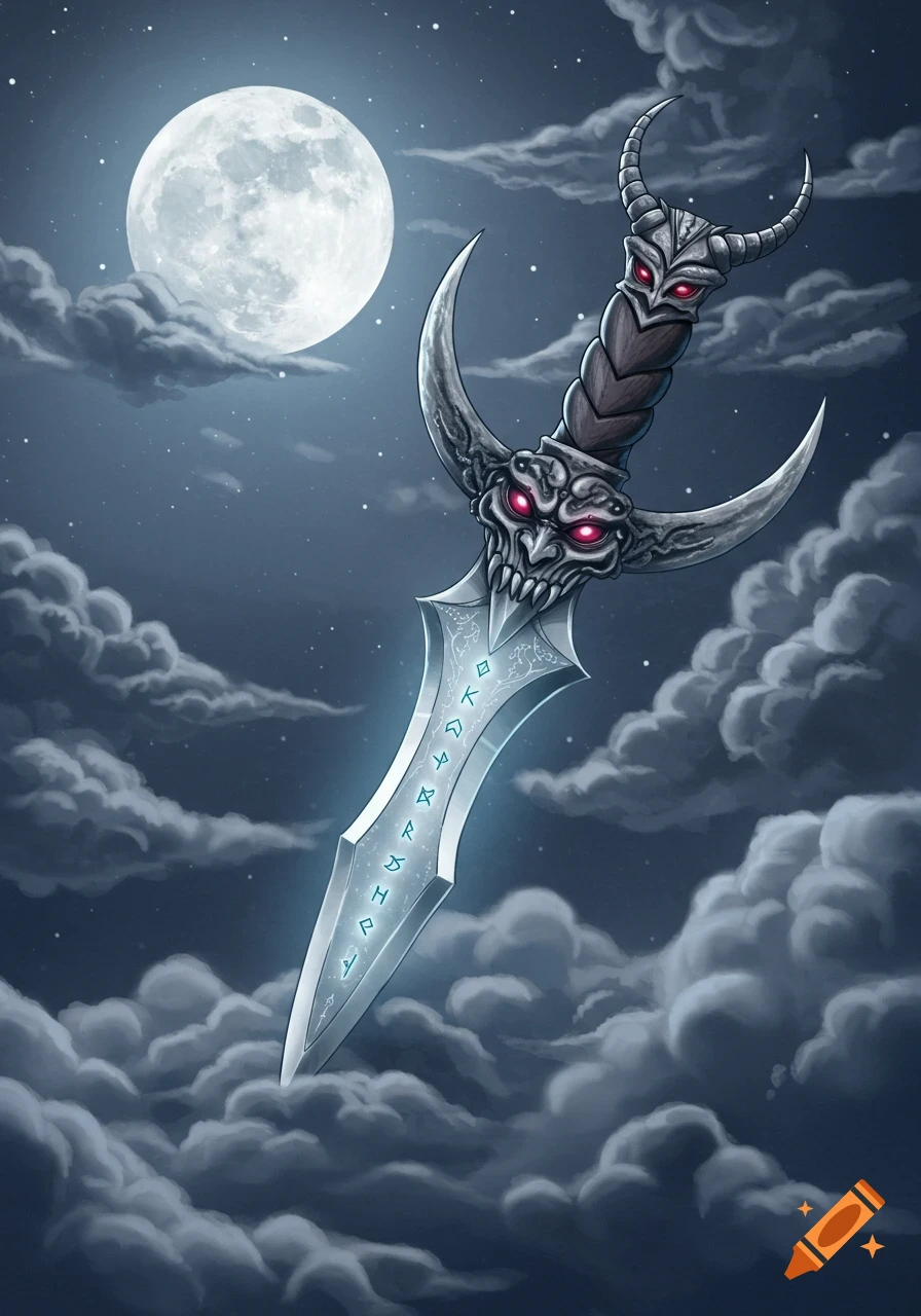 A stylized, ornate dagger with a demon-like hilt, glowing red eyes, and rune-engraved blade floats in the night sky amidst clouds, beneath a full moon, in a digital art style.