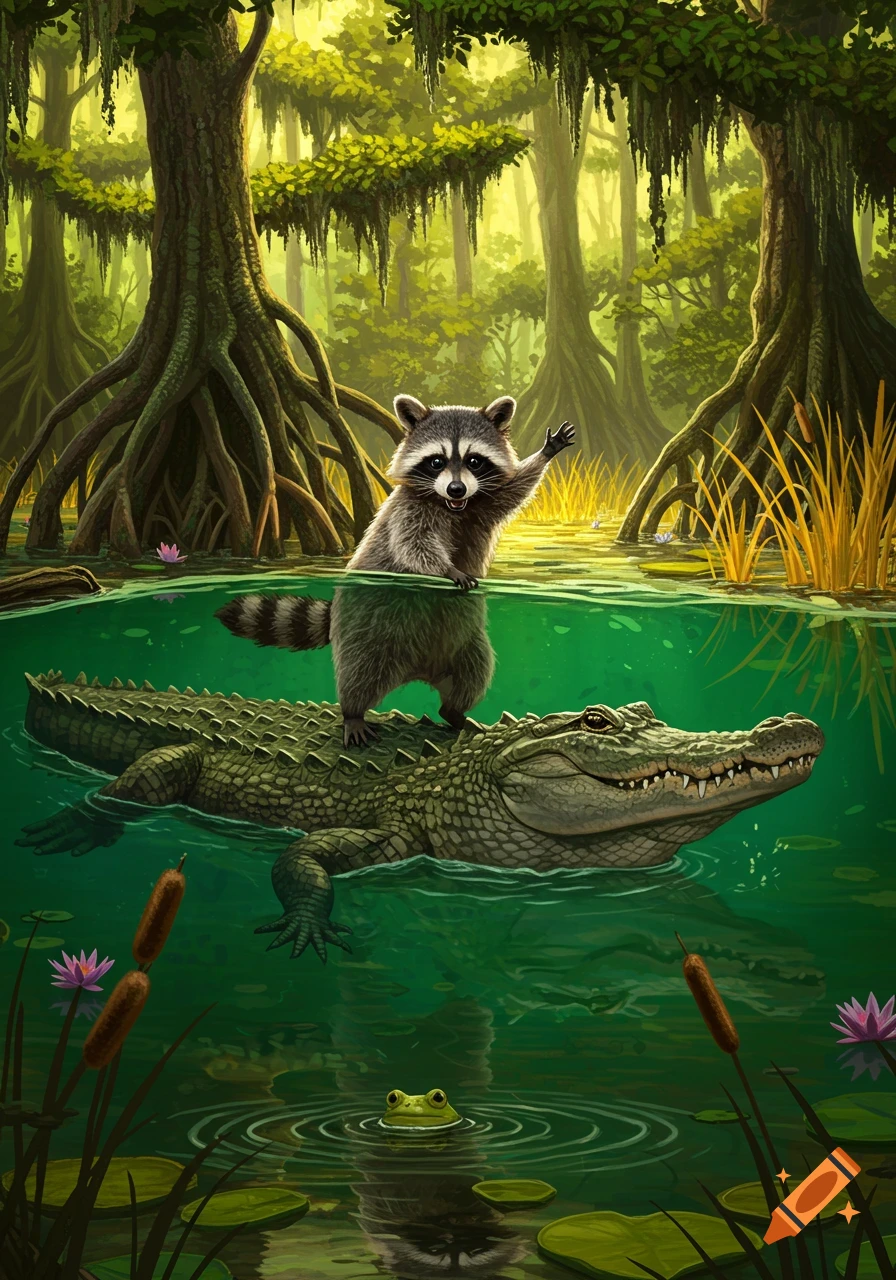 A friendly raccoon stands atop an alligator swimming through a vibrant, green swamp, with a frog in the water below.