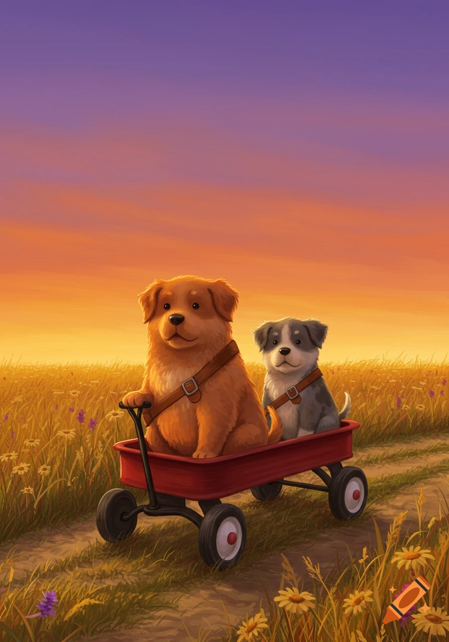 Two fluffy puppies ride in a red wagon through a golden field at sunset, digital art.