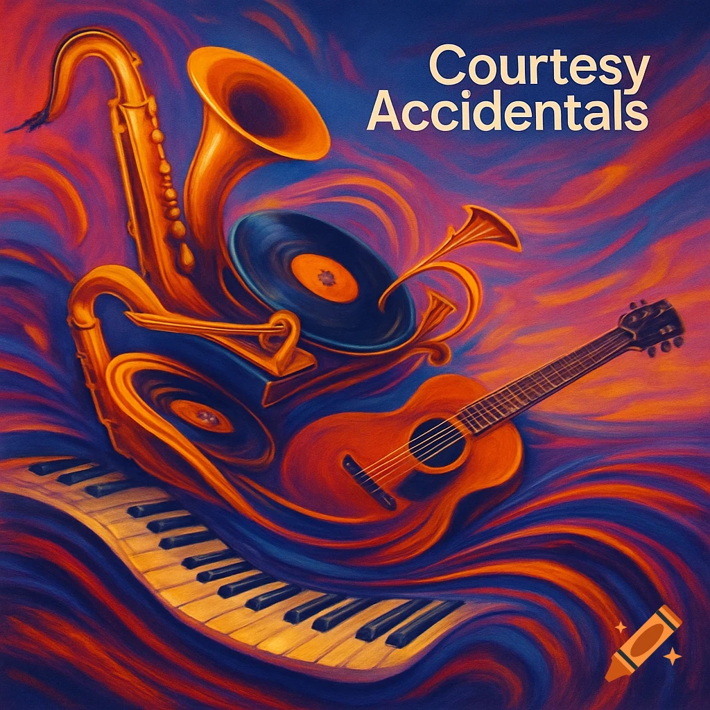 Vibrant abstract painting featuring a saxophone, guitar, piano keys, and vinyl records intertwined with swirling lines. Text: Courtesy Accidentals.