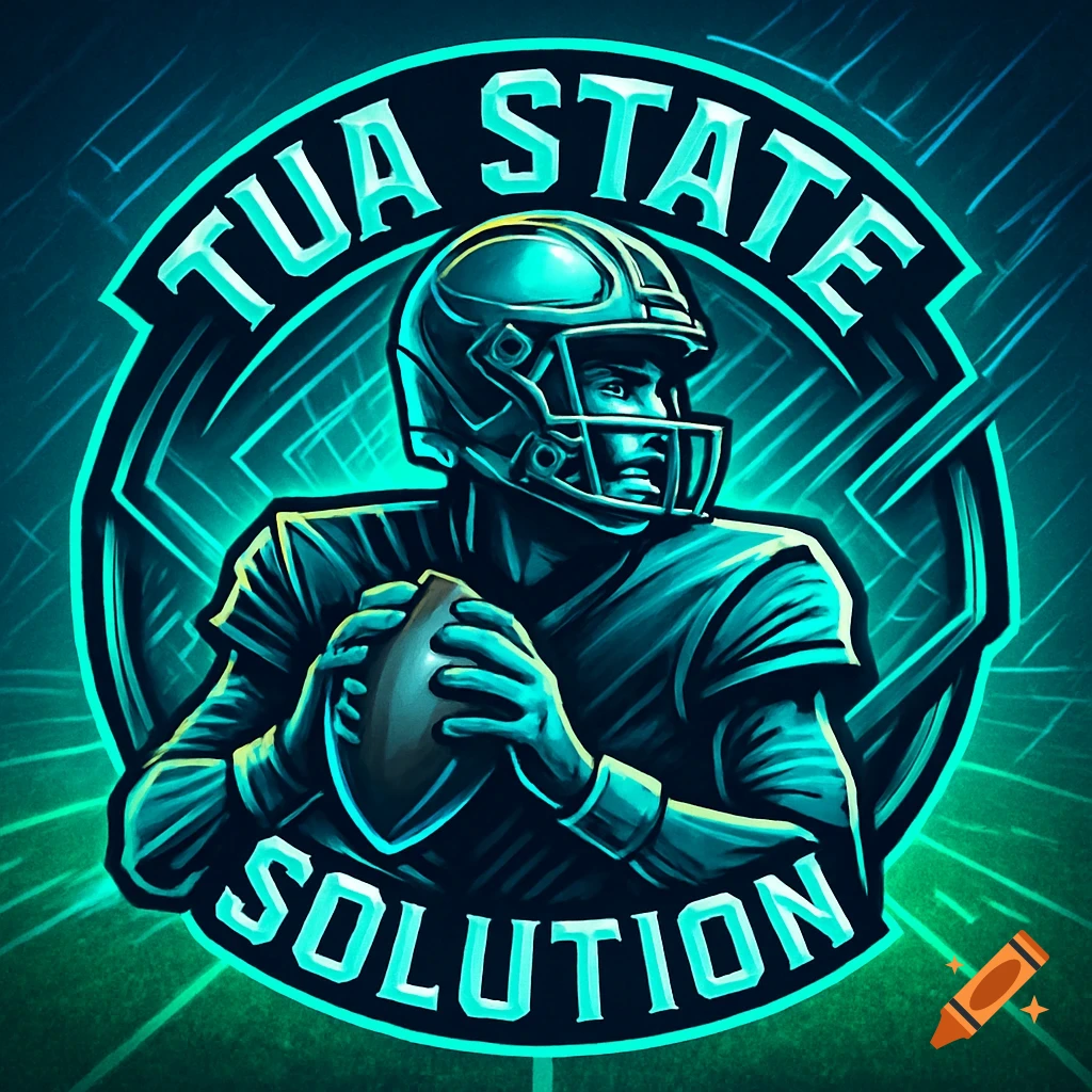 A stylized neon blue and green logo of a football player holding a football, with text 'TUA STATE SOLUTION' around him.