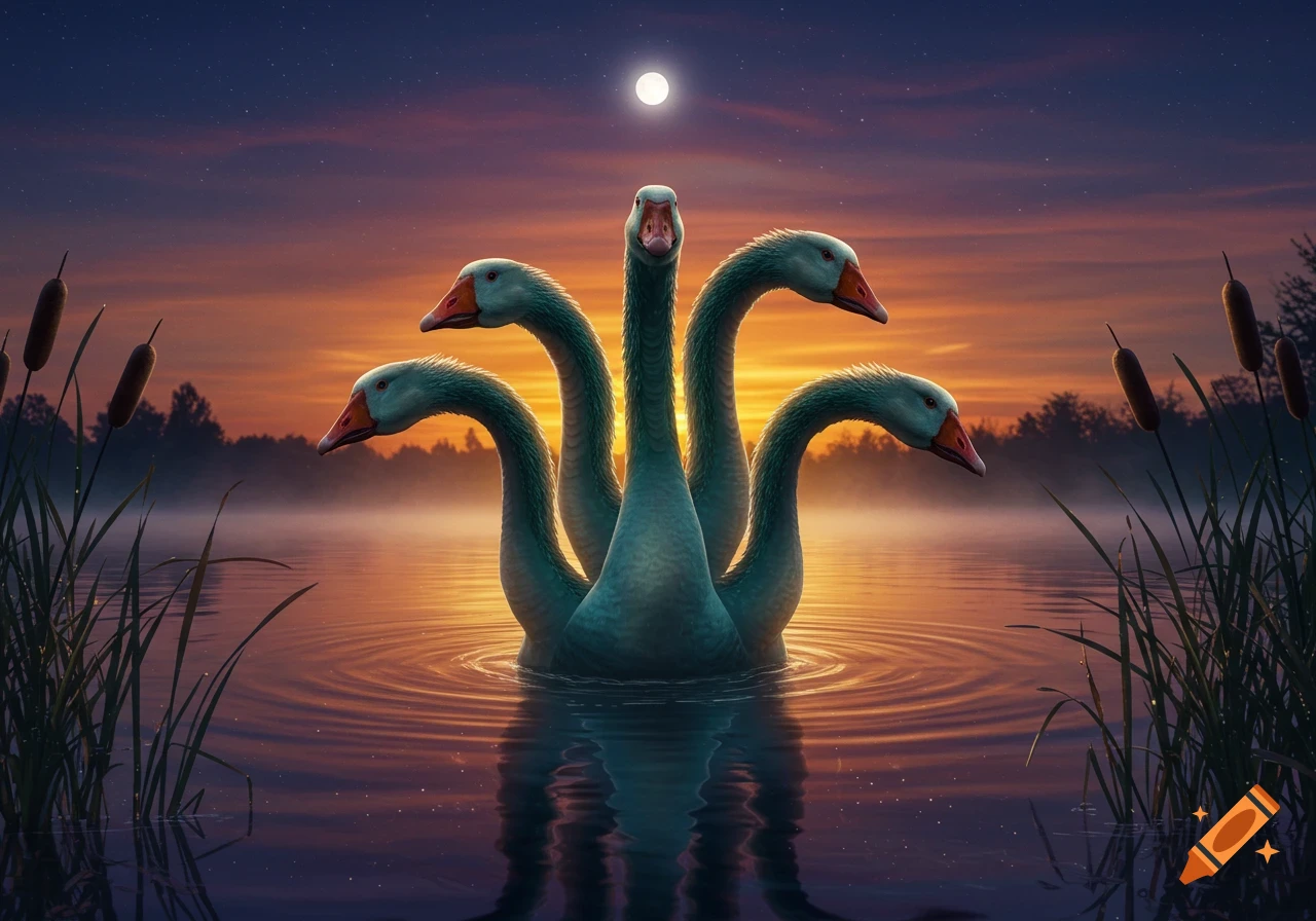 A five-headed goose hydra emerges from a misty lake at sunset under a full moon, with cattails.
