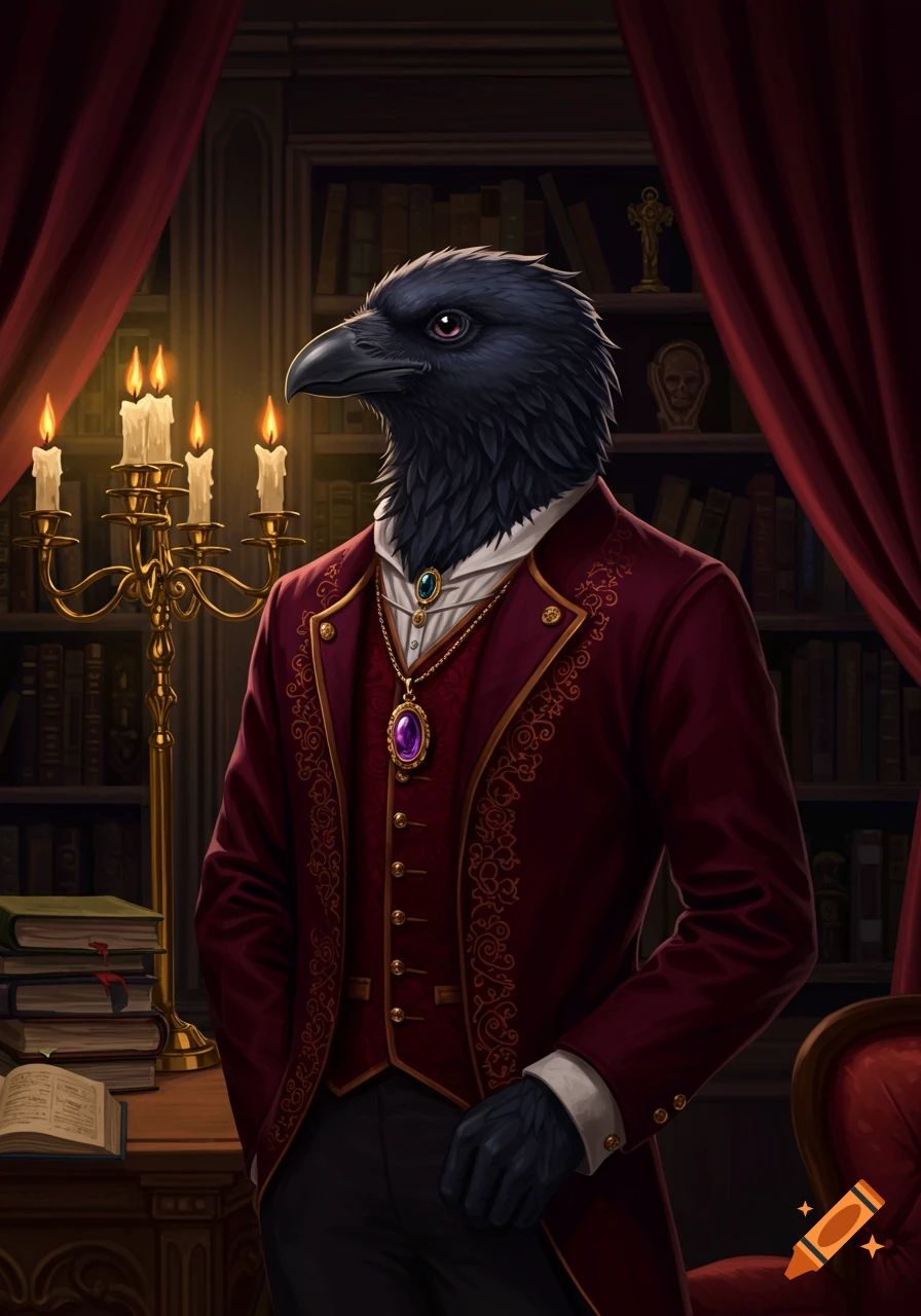 A noble raven-headed man in a maroon suit stands in a richly decorated, dimly lit library with a candelabra, in a detailed digital painting.