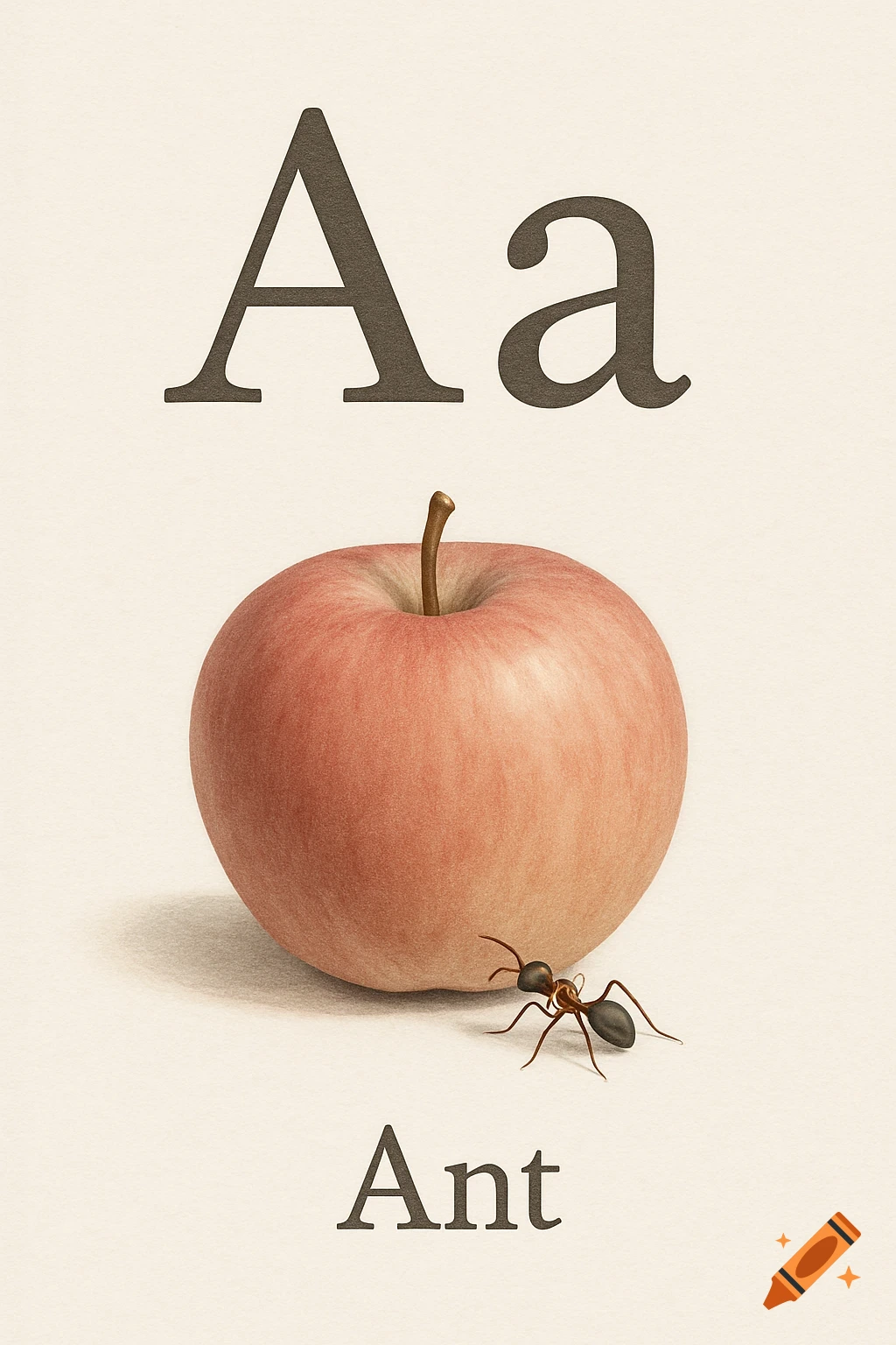 Vintage educational illustration of uppercase and lowercase 'A' with an apple, an ant, and the word 'Ant'.