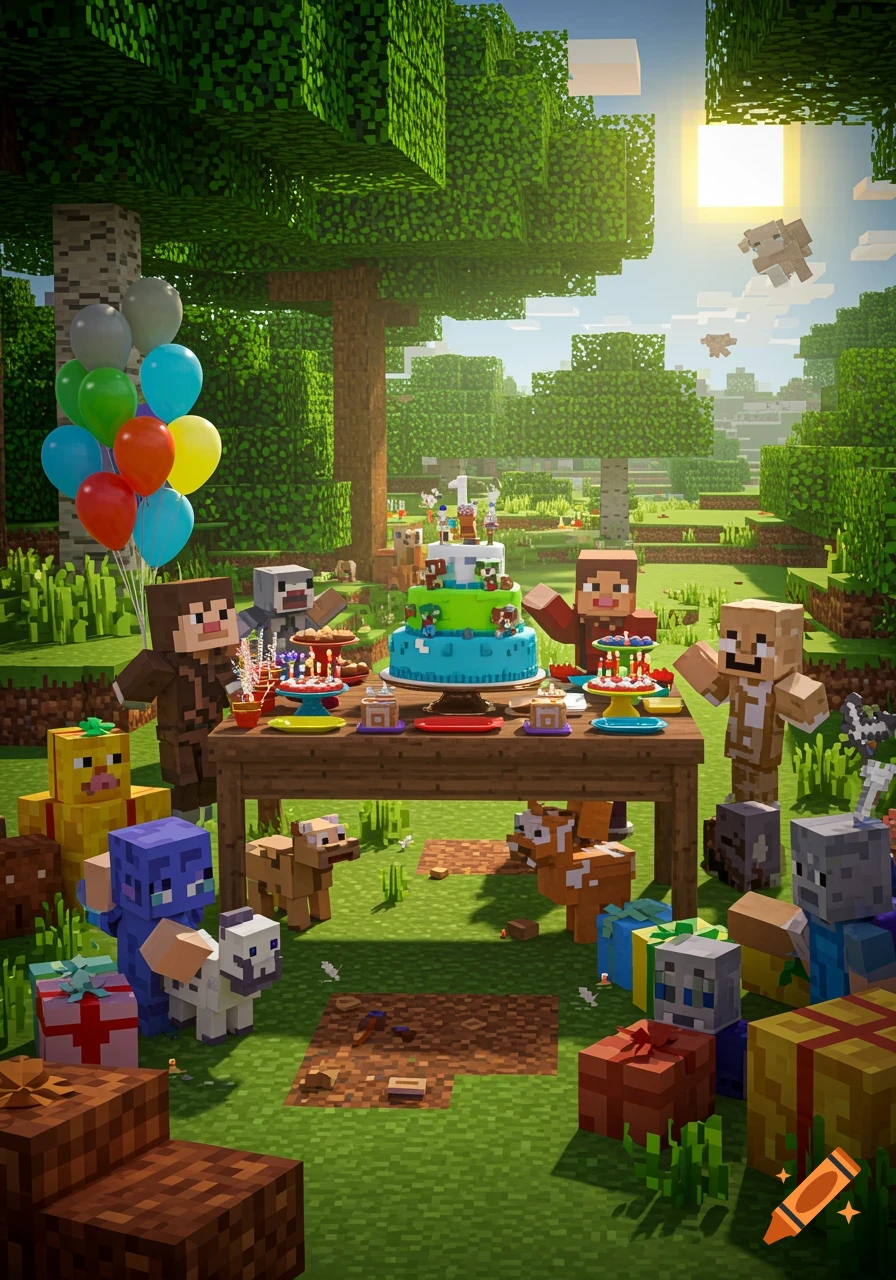 A Minecraft-style birthday party in a grassy forest clearing, with blocky characters, animals, a large tiered cake, balloons, and presents.