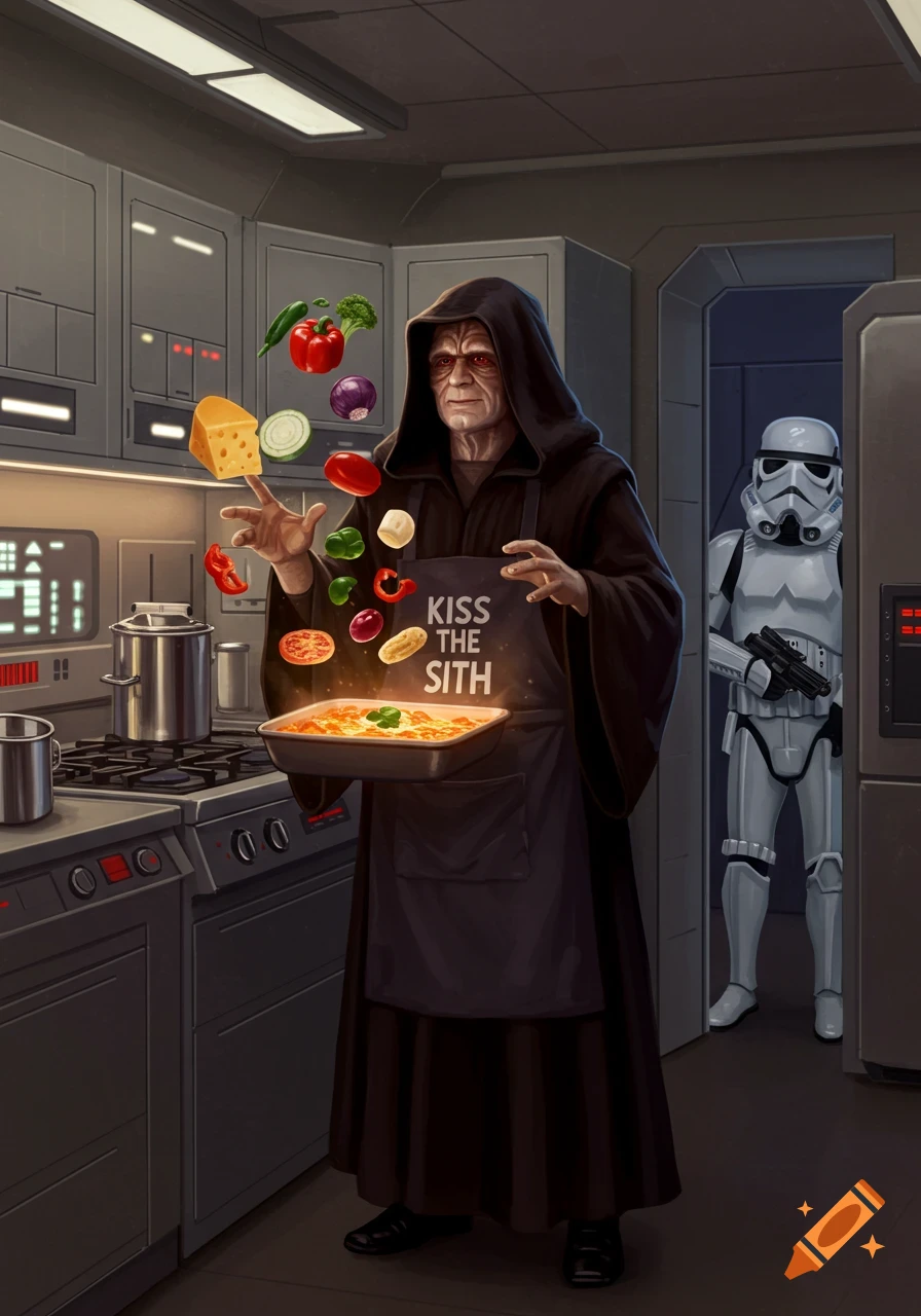 Darth Sidious in a futuristic kitchen wearing 'Kiss the Sith' apron, levitating ingredients into a casserole, a stormtrooper watches.