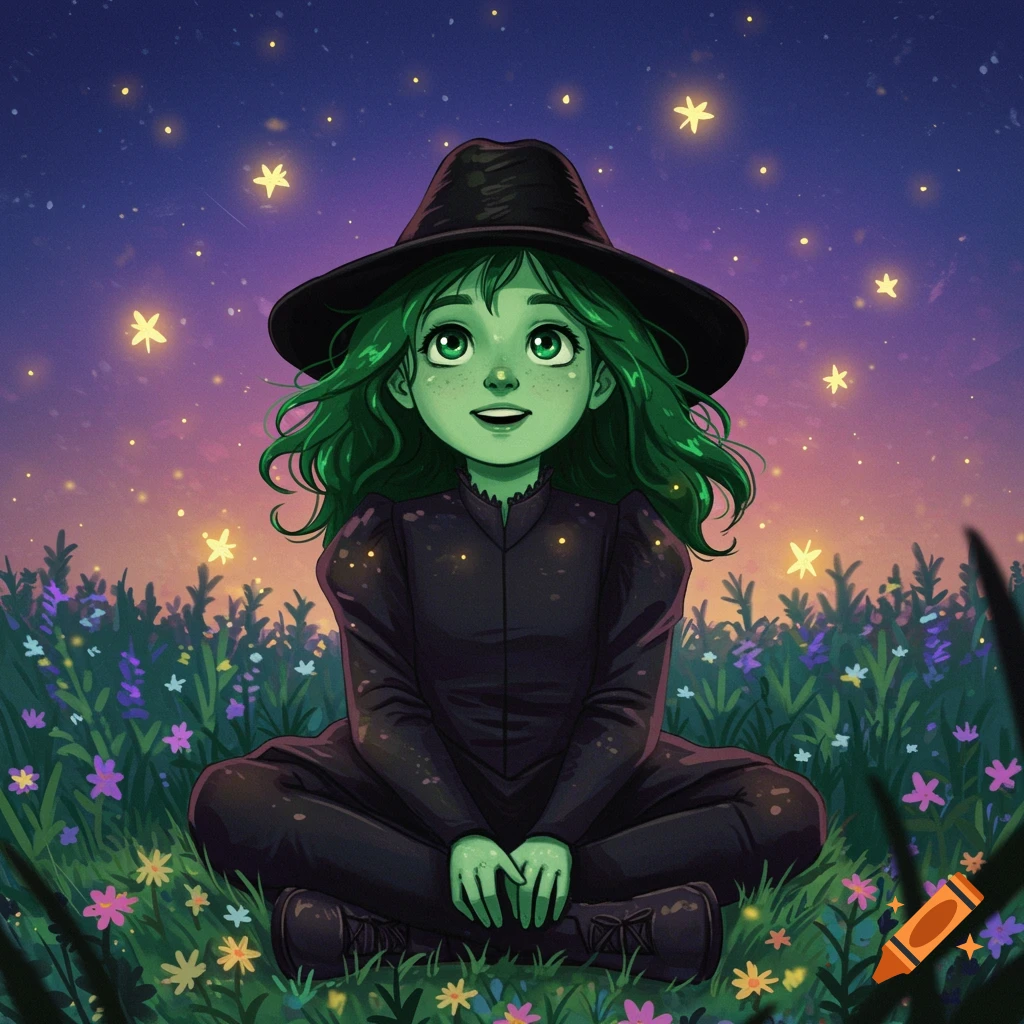 A cute, green-skinned child witch with green hair and a black hat sits cross-legged in a field of colorful flowers under a starry night sky.