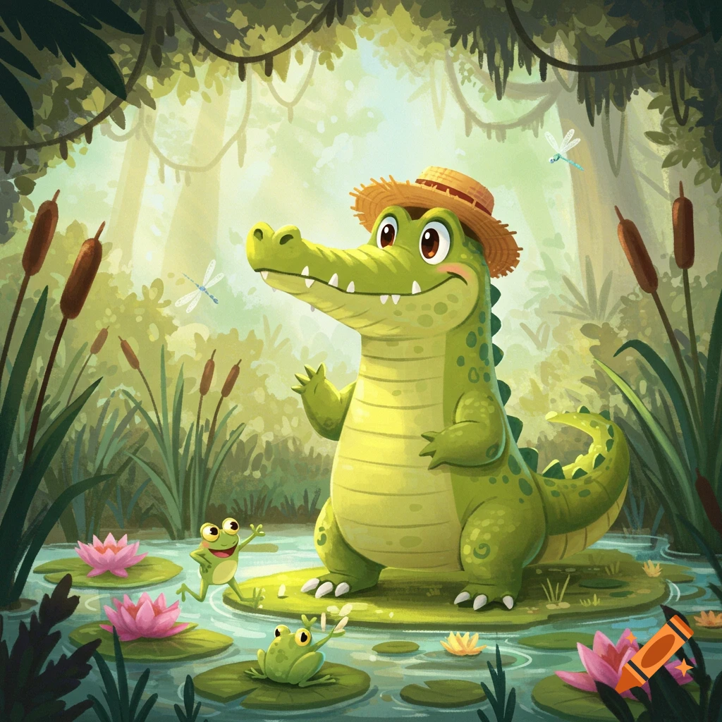 A cheerful cartoon alligator in a straw hat stands on a lily pad in a swamp with frogs, dragonflies, and water lilies.