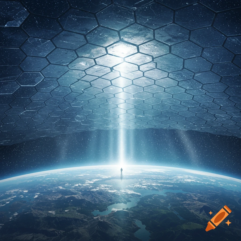 A lone figure stands on a planet's surface, illuminated by a bright beam of light from a vast hexagonal structure above, under a starry sky.