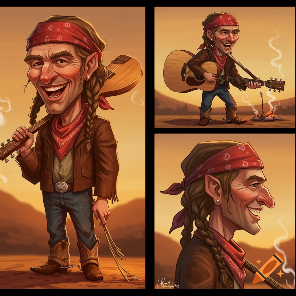 A cartoon caricature of Willie Nelson with braids, a bandana, and cowboy attire, holding a guitar in a desert setting.