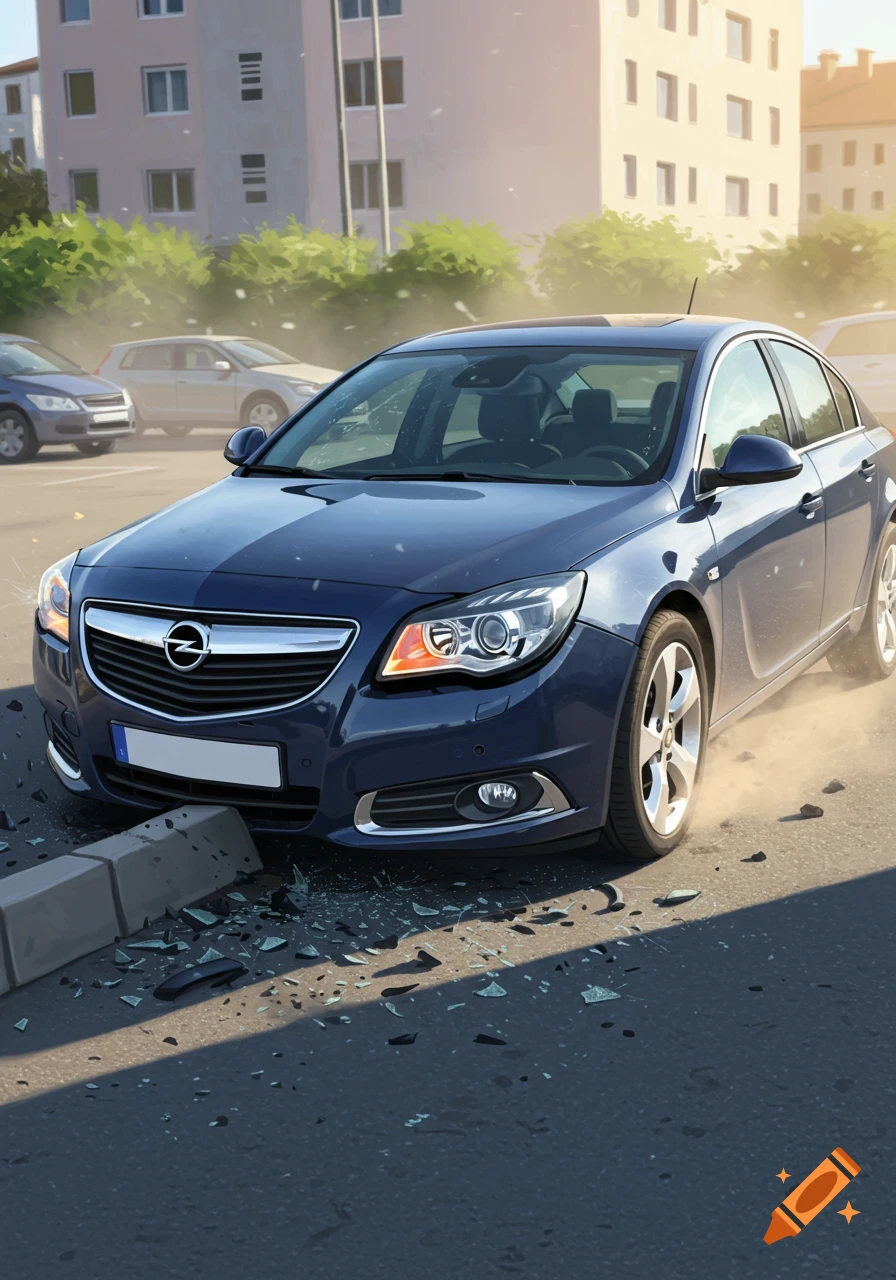 A blue Opel Insignia 2011 model car crashed into a concrete curb in a parking lot, with shattered glass on the asphalt.