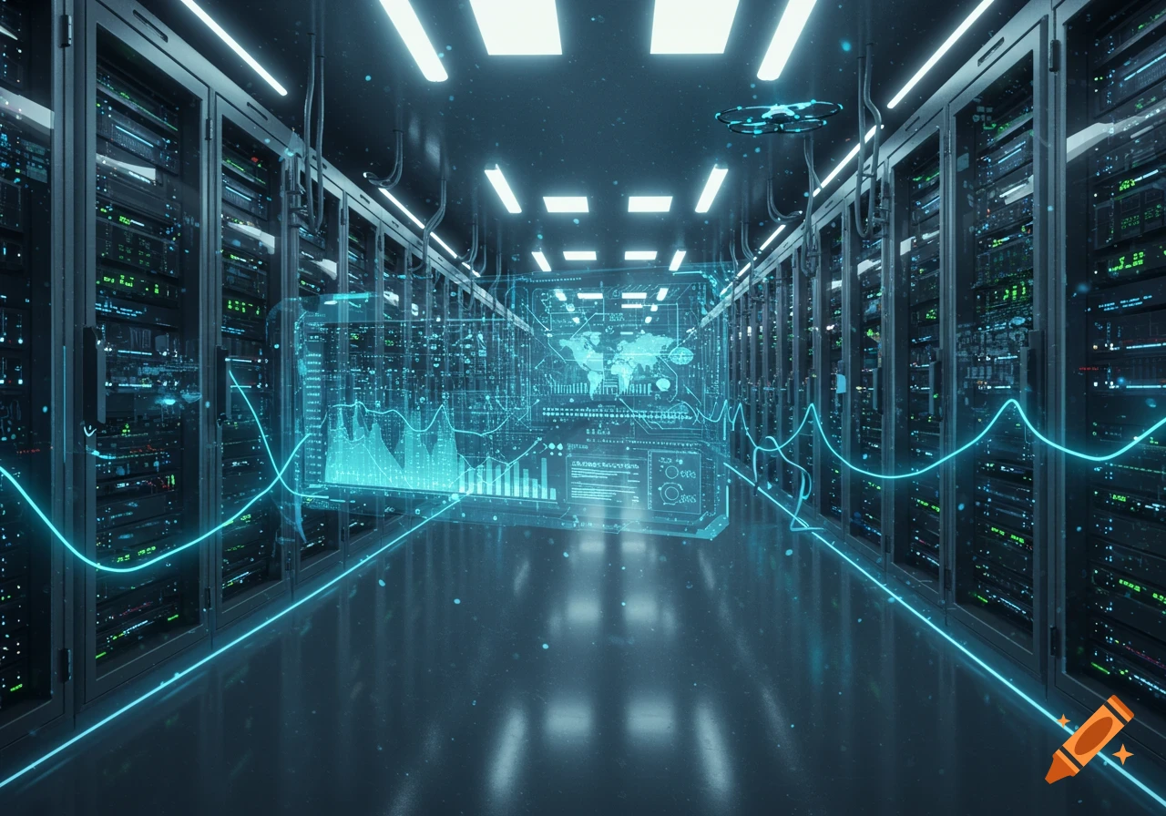 Futuristic data center with glowing server racks, neon light lines, and holographic data visualizations.