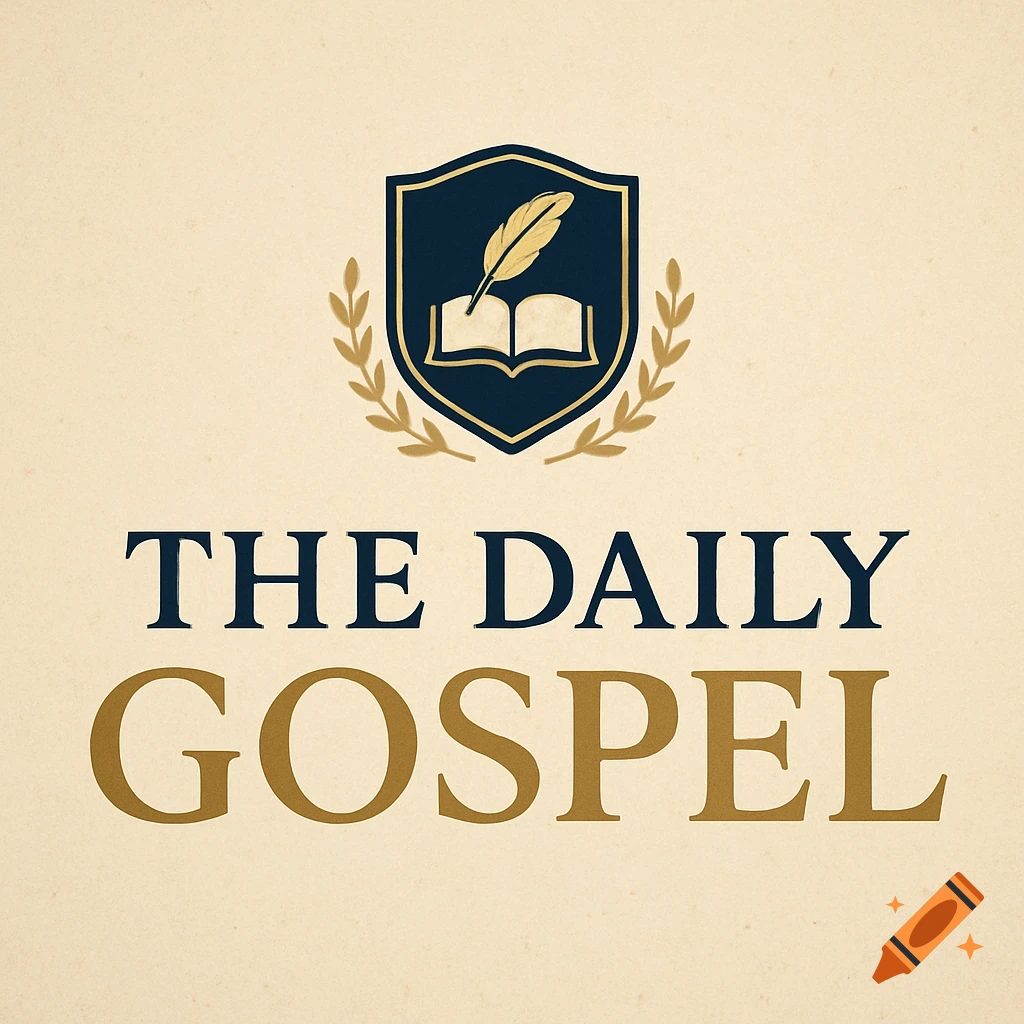A gold and dark blue logo with a shield containing a quill and an open book, flanked by olive branches, above the words 'THE DAILY' in dark blue and 'GOSPEL' in gold on a cream background.