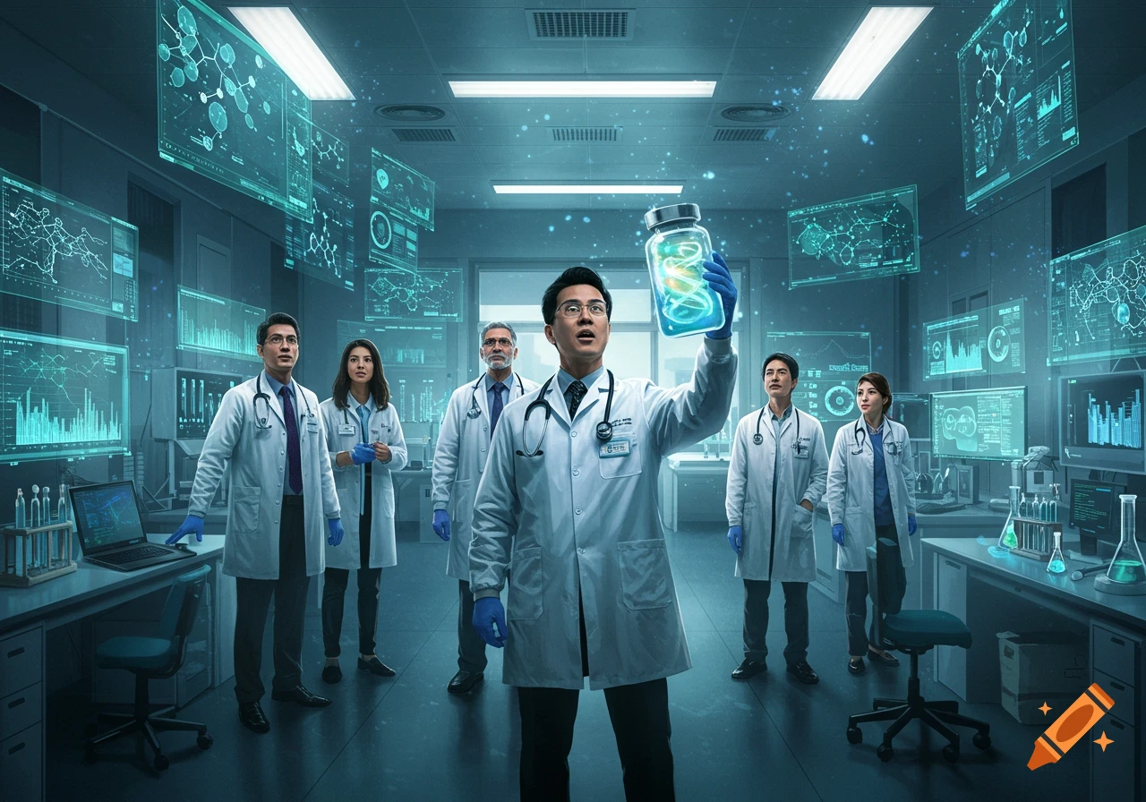 Scientists in white lab coats work in a futuristic lab with glowing holographic screens. One scientist holds up a glowing, swirling vial.