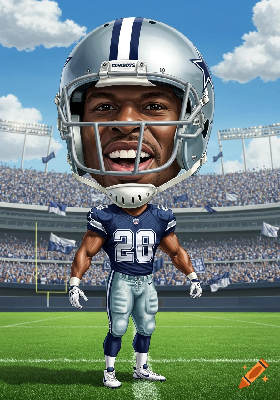 Cartoonish caricature of an American football player with a large head, wearing a Dallas Cowboys uniform with number 28, in a stadium.