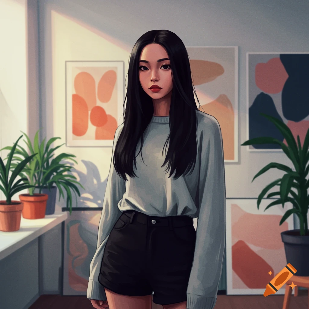 An illustrated young woman with long black hair, wearing a gray crewneck and black shorts, stands in a brightly lit room with plants and abstract art.