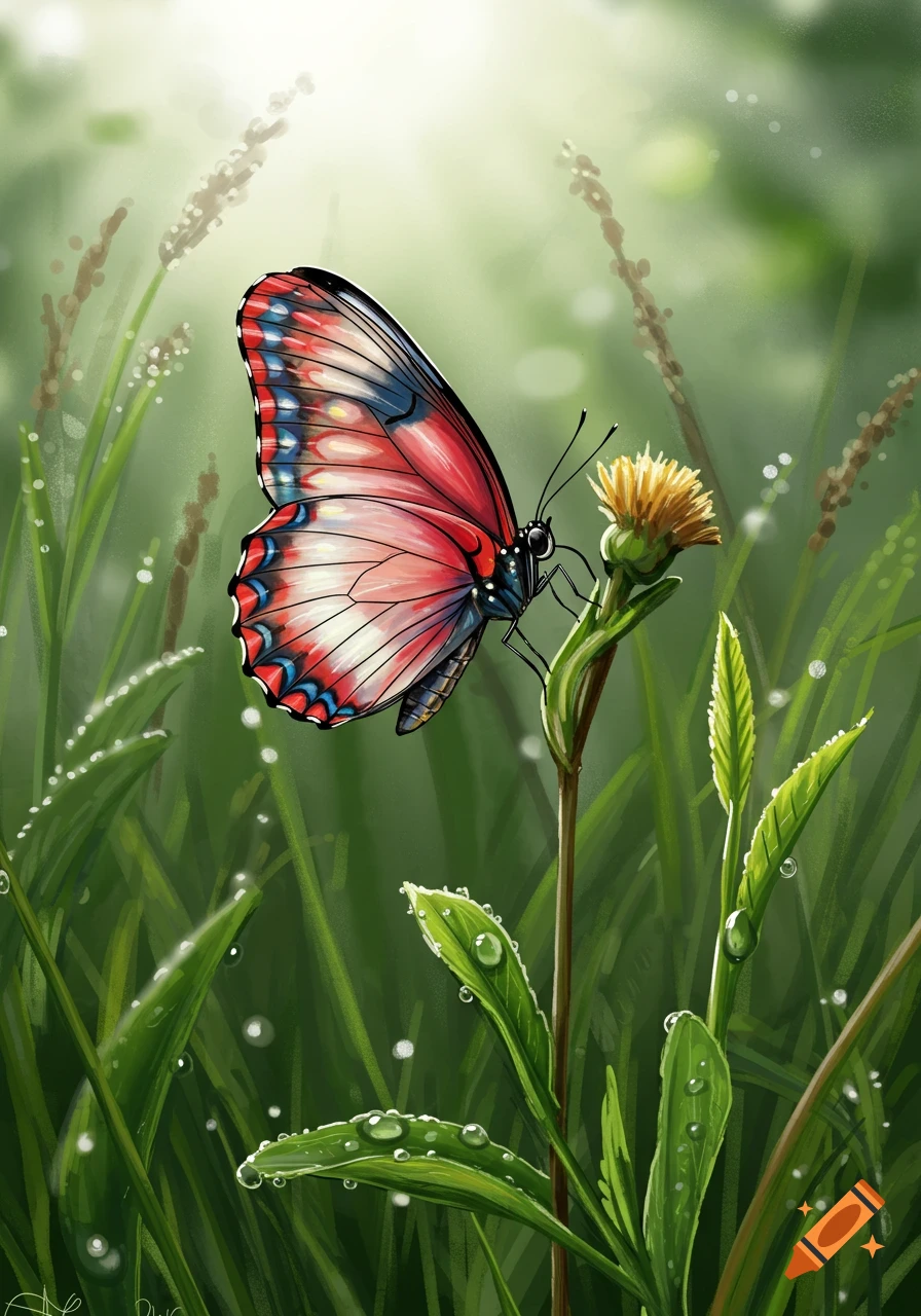 A brightly colored red, white, and blue butterfly with black markings perches on a yellow flower among dew-covered green grass, under soft light.