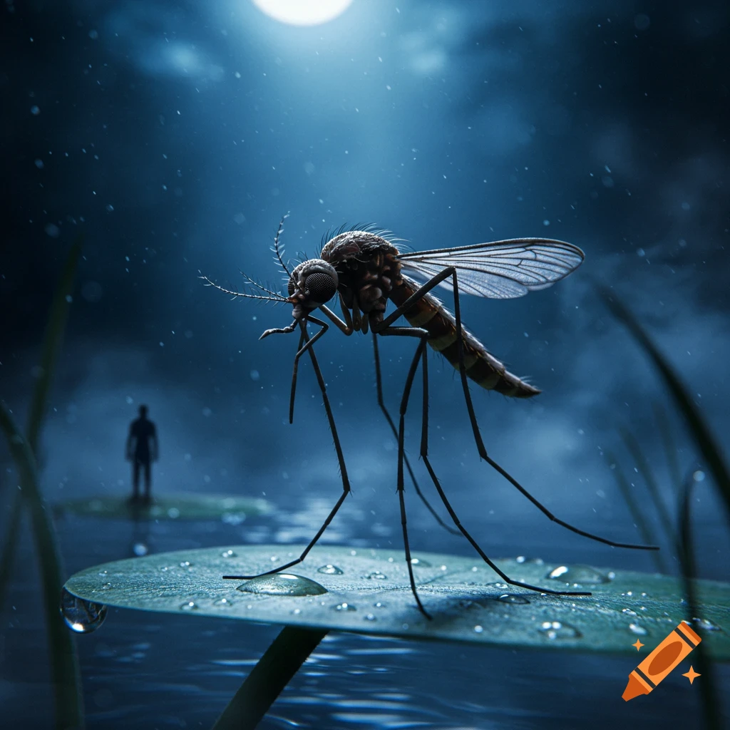 A giant, detailed mosquito stands on a lily pad in a moonlit, rainy scene. A tiny human figure is silhouetted in the distant water.