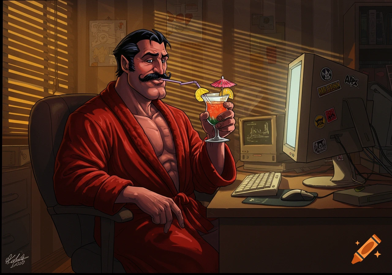 A muscular man with a mustache in a red bathrobe sits at a computer desk, drinking a cocktail. The room has blinds and retro computers, in a cartoon style.
