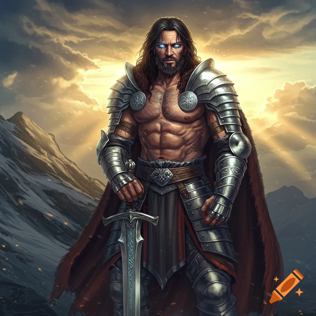 A muscular male warrior with long dark hair, a beard, and glowing blue eyes, wearing silver armor and a red cape, stands with a sword in a snowy mountain landscape at sunset.