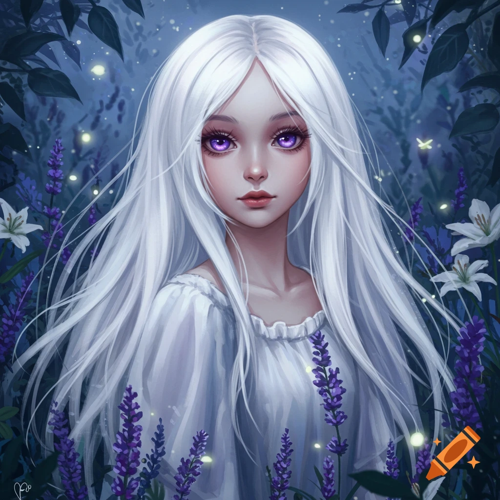 A stylized anime girl with long white hair and striking purple eyes, dressed in a white gown, surrounded by glowing lavender flowers.