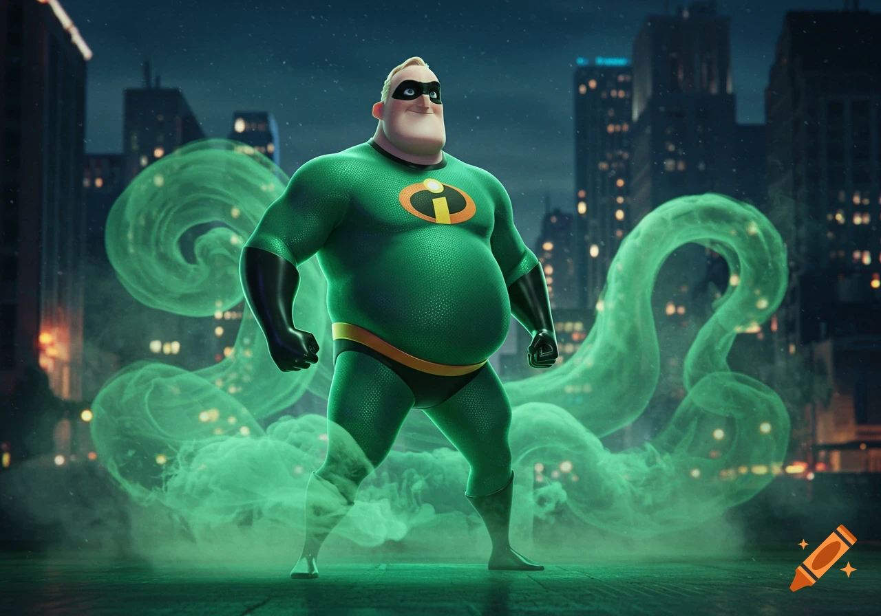 Cartoon Mr. Incredible in a green suit with a fat belly, surrounded by green gas, stands in a city at night.