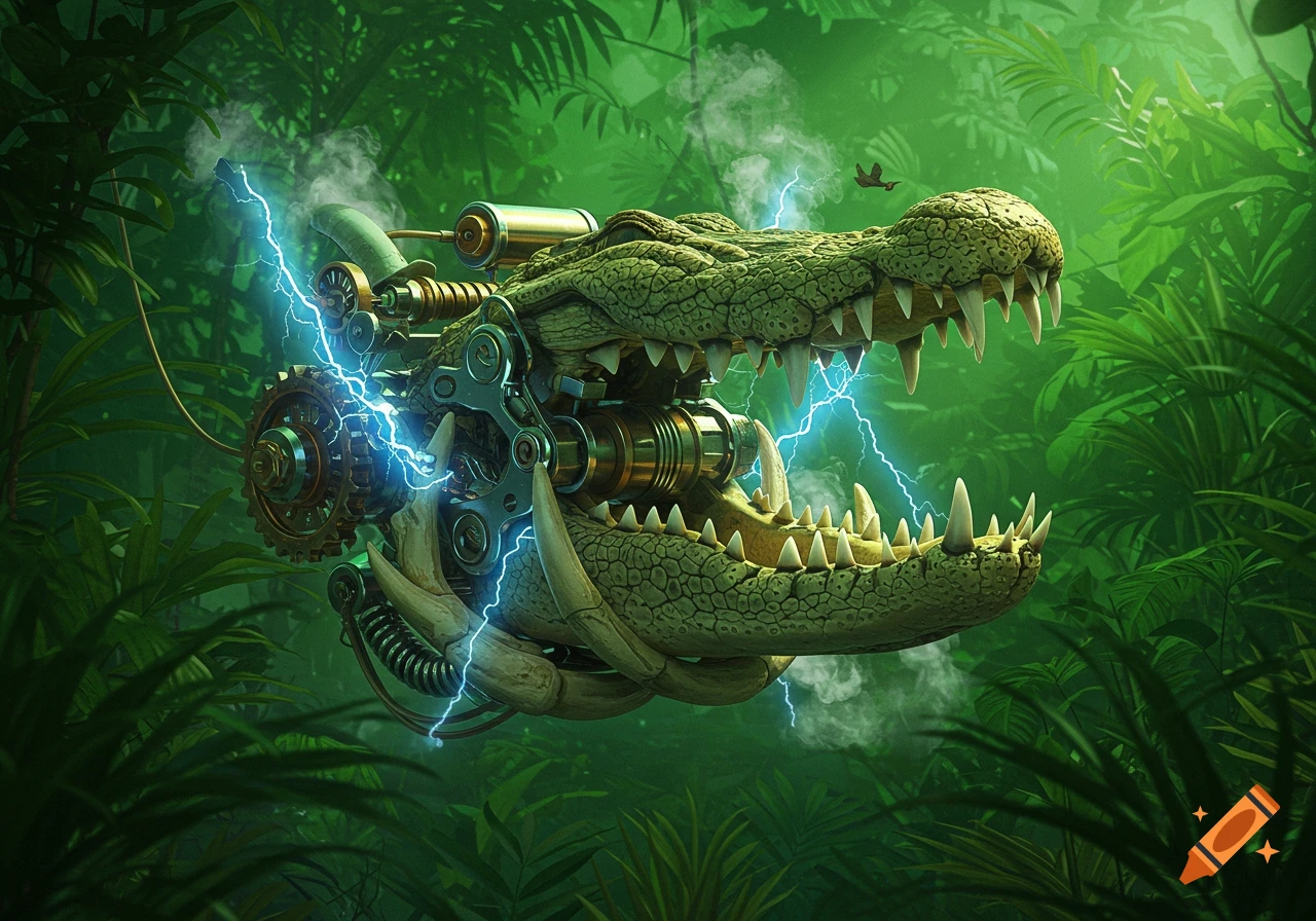 A detailed steampunk mechanical alligator head with bared teeth and sparking electricity, set against a lush green jungle background.