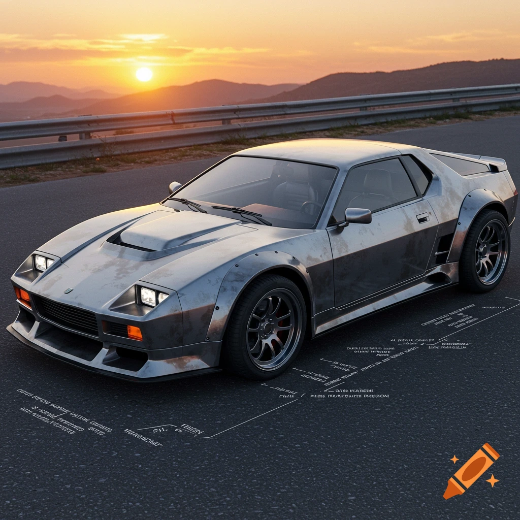 A silver, wide-body sports car with exposed rivets on a mountain road at sunset, with technical diagrams on the asphalt.