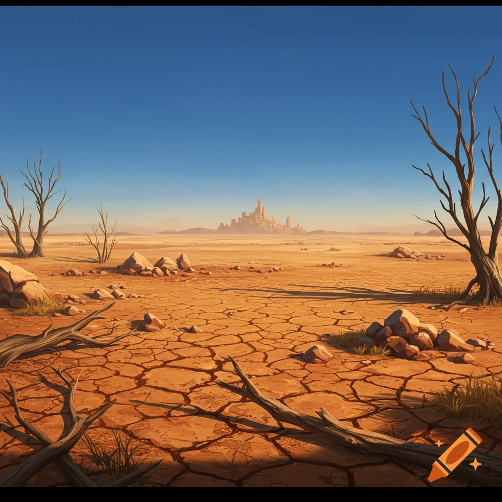 Stylized barren desert landscape with cracked ground, dead trees, and a distant, ancient city under a clear blue sky.
