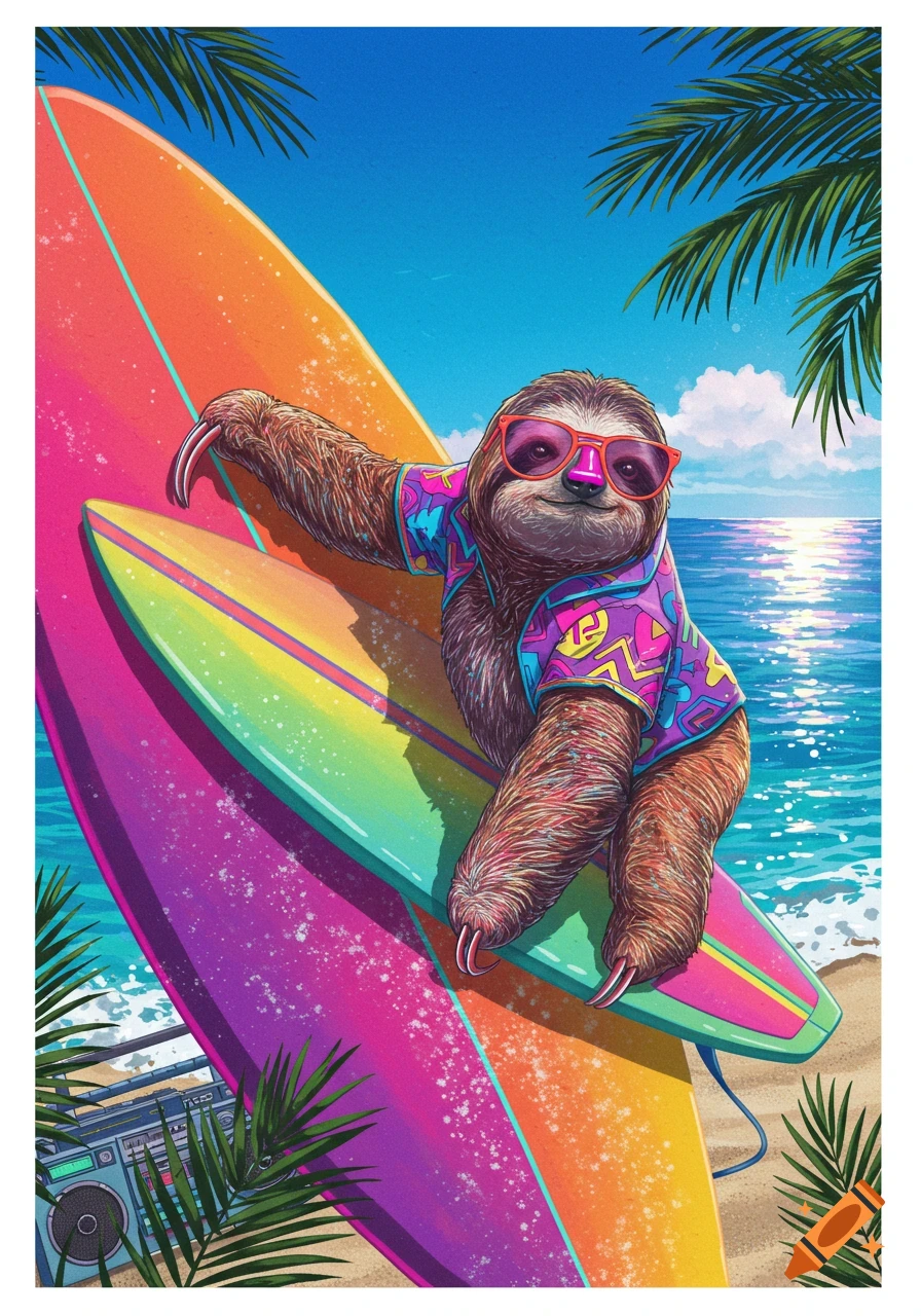 A cool cartoon sloth wearing pink sunglasses and a vibrant 80s shirt, sitting on a colorful surfboard on a sunny beach.