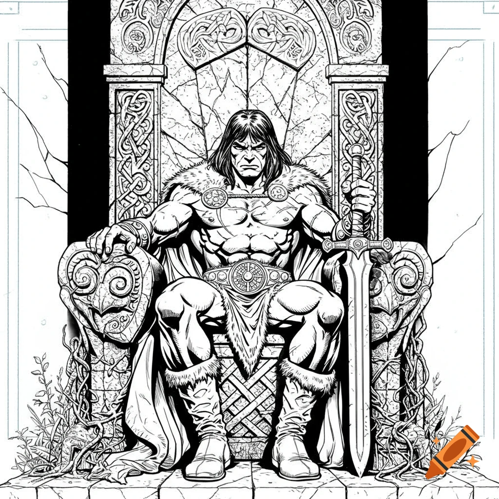 Muscular Conan the Barbarian sits on an ornate stone throne, holding a large sword, in black and white line art.
